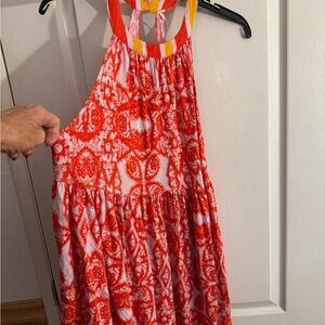 Free People orange and White Printed Halter mini Dress with Color-Block Neck